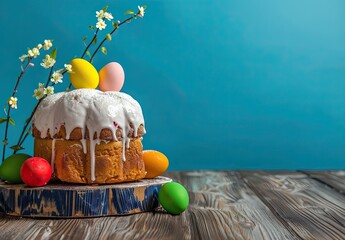 Easter cake and colorful Easter eggs. Easter spring background. Copy space.