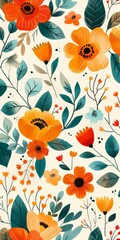 White Background With Orange and Blue Flowers