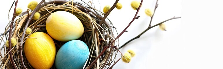 Stylish background with colorful Easter eggs on white with space to copy willow branches. The concept of Easter.