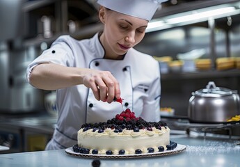 The pastry chef pours red syrup over the finished cake.