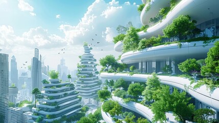Obraz premium Sustainable Living Future City: A 3D vector illustration of a future city with sustainable buildings