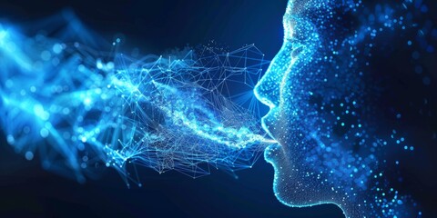 AI Voice Generator synthetizer background. Whisper of artificial intelligence concept with head of...