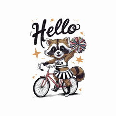 Raccoon cyclist character retro customized vector style illustration