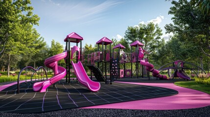 Childrens playground with pink slides and black safety mats