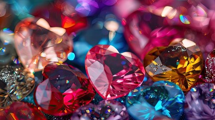 Close up of sparkling gems in heart shapes