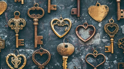 Close up on a collection of heart shaped vintage keys