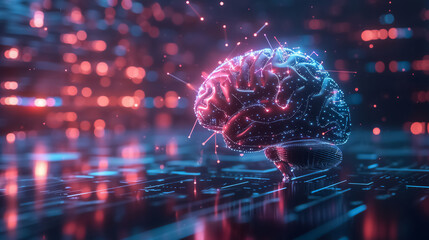 Holographic human brain, 3D rendered in a minimal setting, displaying neural networks and data flow in a premium virtual illustration