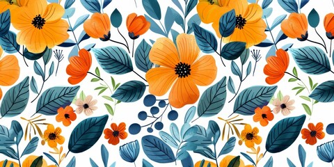 Orange and Blue Flower Pattern on White Background