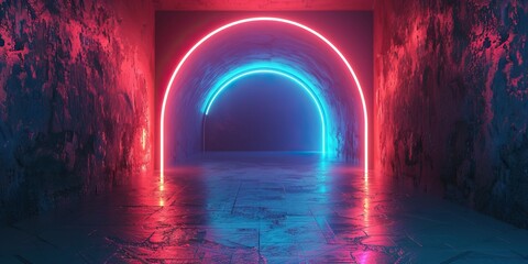 A dark and mysterious tunnel with red and blue neon lights.