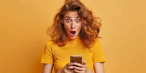 Fototapeta premium Young woman expressing surprise while looking at smartphone. A woman looking a smartphone surprised, video forbidden app ban,. 