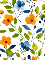 White Background With Blue, Orange, and Green Flowers
