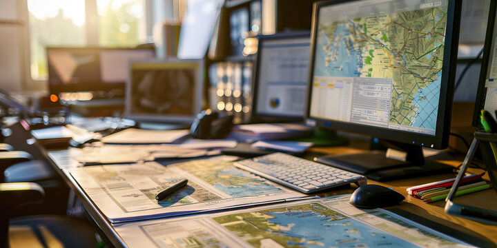 Close-up of a GIS analyst's desk with geographic information system maps and data, showcasing a job in GIS analysis