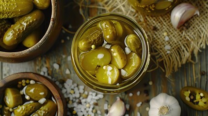 A jar of pickles on a wooden table.