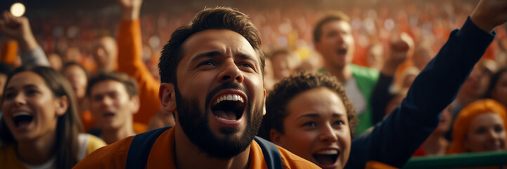 Fan cheering enthusiastically in a soccer stadium.
