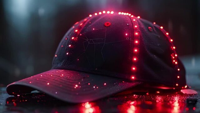 Close-up View of Baseball Cap with Conductive Thread Connecting to Microcontroller and Activating LEDs. Concept Wearable Technology, Baseball Caps, Conductive Threads, Microcontrollers