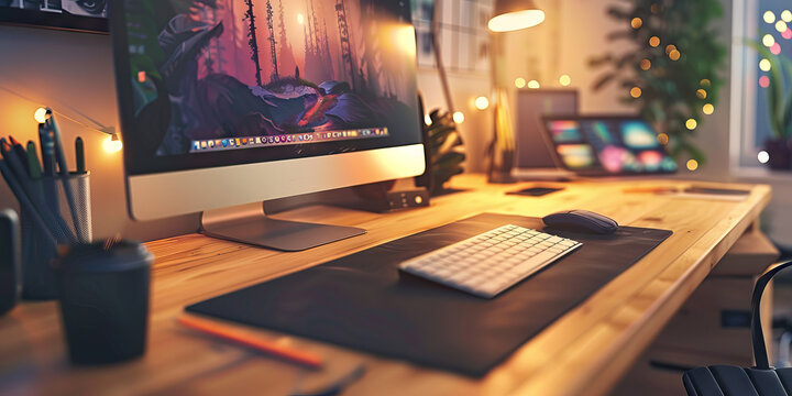 Close-up of a digital artist's desk with digital art software and graphic tablet, symbolizing a job in digital art