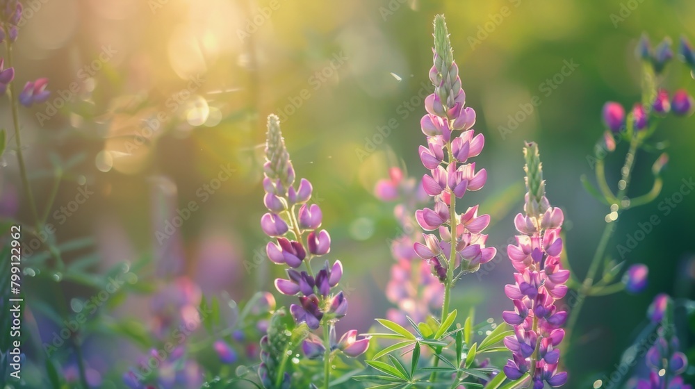 Sticker Purple flowers field sunlight leaves