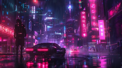 Futuristic city street illuminated by neon lights with diverse crowd in a cyberpunk setting