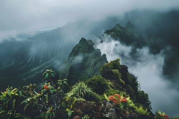 A misty mountain range with lush greenery and flowers, taken from the top of Iao volcano - Powered by Adobe