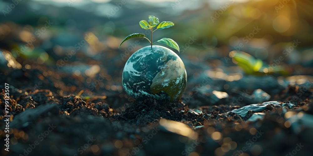 Wall mural sustainable seedling growing on fragile globe representing eco friendly future