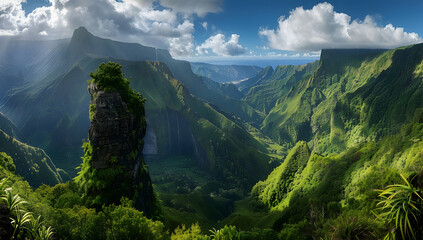 view of the green mountains and lush forests in Reunion Island, showcasing its rugged terrain with...
