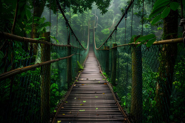 A wooden bridge in the jungle, surrounded by dense green foliage and misty air, leading to an unknown path