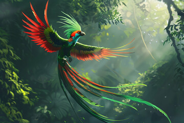 A beautiful Quetzal bird with long tail feathers, colorful plumage and a vibrant red chest flying in the air over a dense jungle canopy