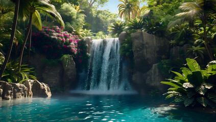 A majestic waterfall cascades down lush green cliffs, surrounded by vibrant tropical foliage and...