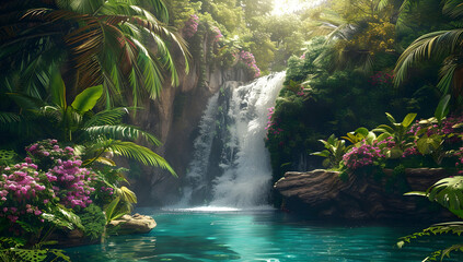 A majestic waterfall cascades down from the lush green canopy of an enchanted rainforest