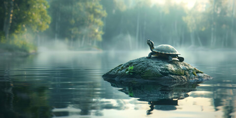 A turtle sits on top of an island in the middle of a lake, surrounded by a misty forest in the morning light