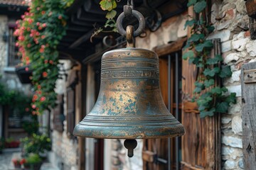 Obraz premium An old, weathered bronze bell with intricate detailing hangs from a metal fixture in front of a rustic house, evoking a sense of history