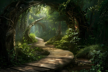 A winding wooden path leading through dense, lush greenery in the heart of an enchanted forest, bathed in dappled sunlight filtering through ancient trees