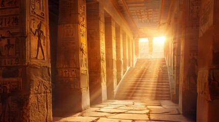 Egyptian Temple. Passage with stairs and walls with Egyptian hieroglyphics, illuminated by warm bright sun rays