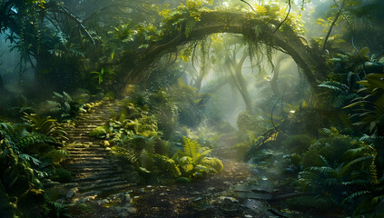 A dense, lush jungle with an ancient tree archway overhanging the path, dappled sunlight filtering through leaves - Powered by Adobe