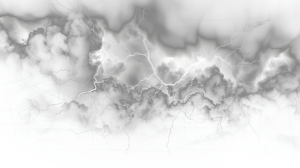 Black storm clouds with lightnings and smoke isolated on transparent background