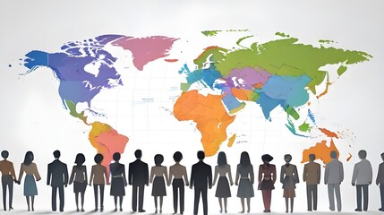 Multicultural people standing in front of world map, human puppet characters near Earth, world population and ethnic concept on minimalist white background copy space, puppet characters. Generative AI