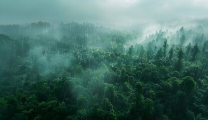 Aerial view of a dense tropical rainforest with a misty atmosphere. The forest is full of trees and vegetation