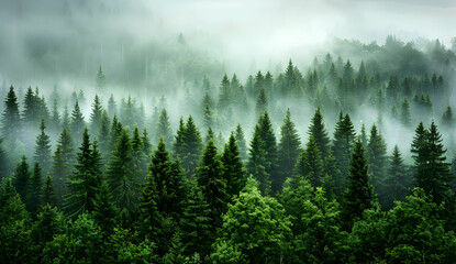 A dense pine forest shrouded in mist, creating an ethereal and mystical atmosphere
