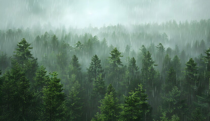 A panoramic view of the forest, with heavy rain falling on tall trees