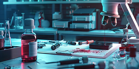 Close-up of a forensic scientist's desk with forensic evidence and lab equipment, symbolizing a job in forensic science - obrazy, fototapety, plakaty