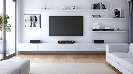 streamlined tv area with wall - mounted entertainment console featuring a black television, white s
