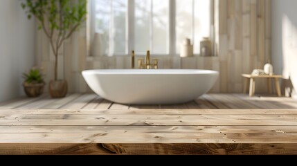 Fototapeta premium Empty wooden table top for product display with blurred bathroom interior background. bathroom with bathtub and minimalist interior in background.