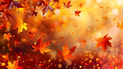 Flying fall maple leaves on autumn background. Falling leaves, seasonal banner with autumn foliage. - obrazy, fototapety, plakaty