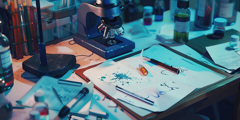 Close-up of a forensic scientist's desk with forensic evidence and lab equipment, symbolizing a job in forensic science - obrazy, fototapety, plakaty