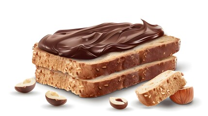 Fresh white bread with chocolate paste isolated on transparent background, png. Slice of bread with chocolate cream with hazelnut