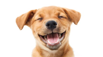 Funny dog. Cute happy playful dog or pet isolated on white background. Cute, happy, crazy dog headshot smiling on white background with copy space.