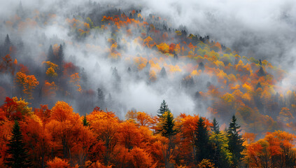 In the autumn, colorful leaves of trees cover mountains and forests in misty clouds.