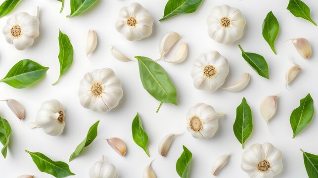 garlic with leaves creative pattern isolated on white background. Top view and flat lay.