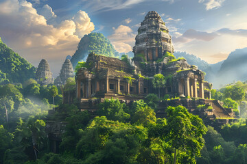 An ancient temple nestled in the heart of lush green mountains, surrounded by dense forests and towering peak - Powered by Adobe