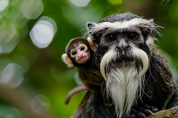A black and white tetrachampion monkey with a long moustache holding his baby on its back against a natural green background - Powered by Adobe
